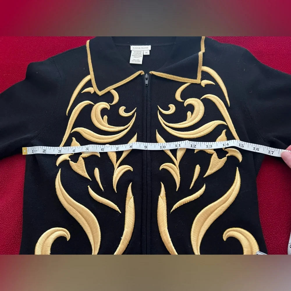 CLEARANCE NWOT Boston Proper W Medium Metallic Gold Design Zip Collared Sweater! - Picture 2 of 9